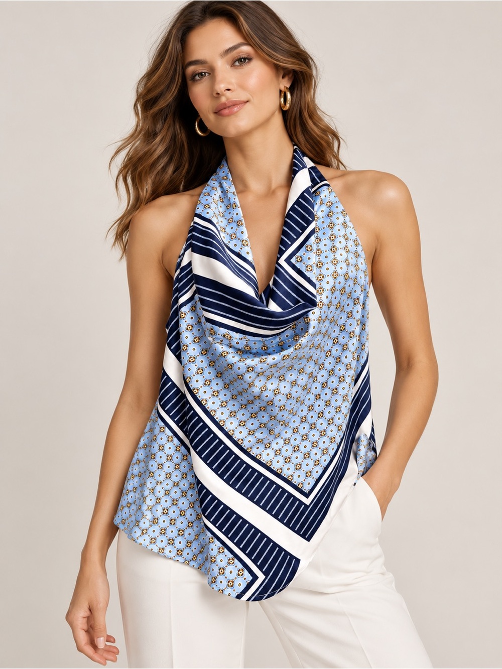 LOFT Women’s M Blue Scarf Print Halter Cowl Neck Top